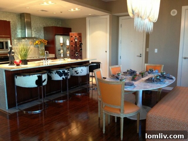 Kitchen bar area with stylish cowhide upholstered bar stools