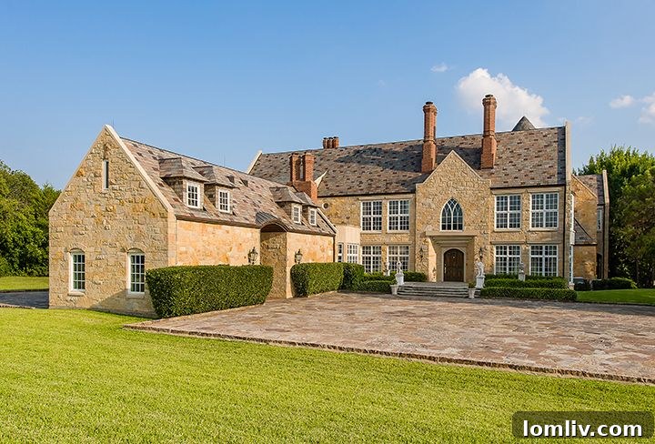 Exterior view of the luxurious 10770 Inwood estate in North Dallas, known for its grandeur and significant price adjustment.