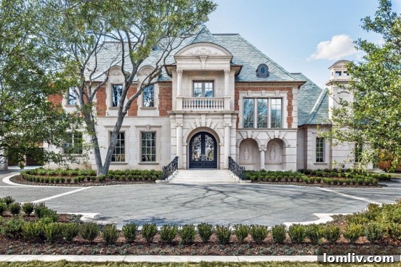 The stunning exterior of a Sharif & Munir mansion on Strait Lane, a luxurious Dallas property linked to a high-profile airline executive purchase.