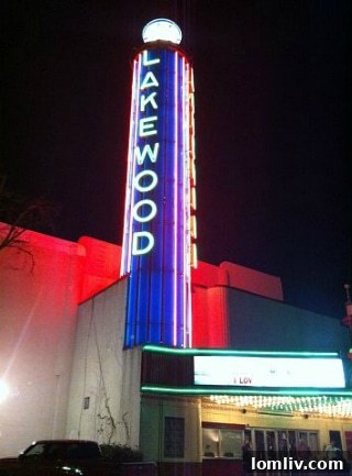 A detailed view of the Lakewood Theater's distinctive Art Deco architecture and marquee.