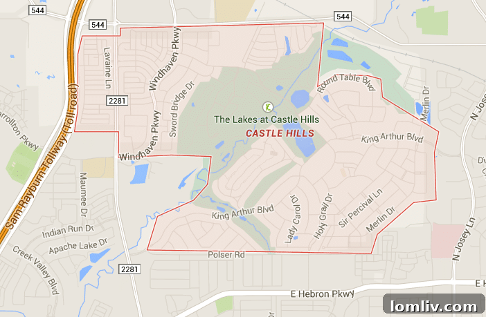 Overhead view of Castle Hills community in Lewisville, showing strategic location and development.