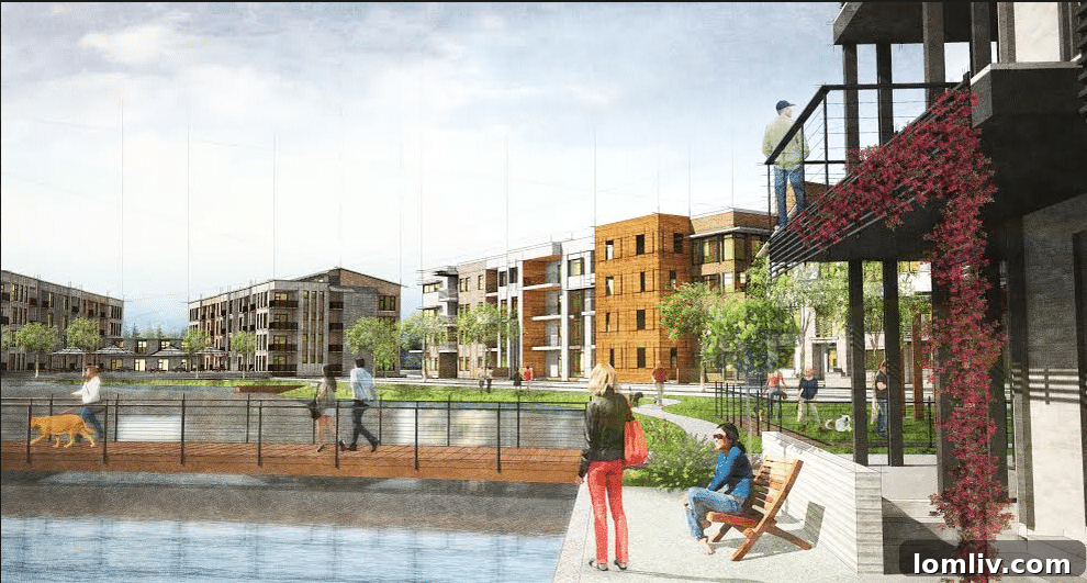 Artist rendering of luxury apartments at Castle Hills in Lewisville, showing exterior and surrounding landscape.