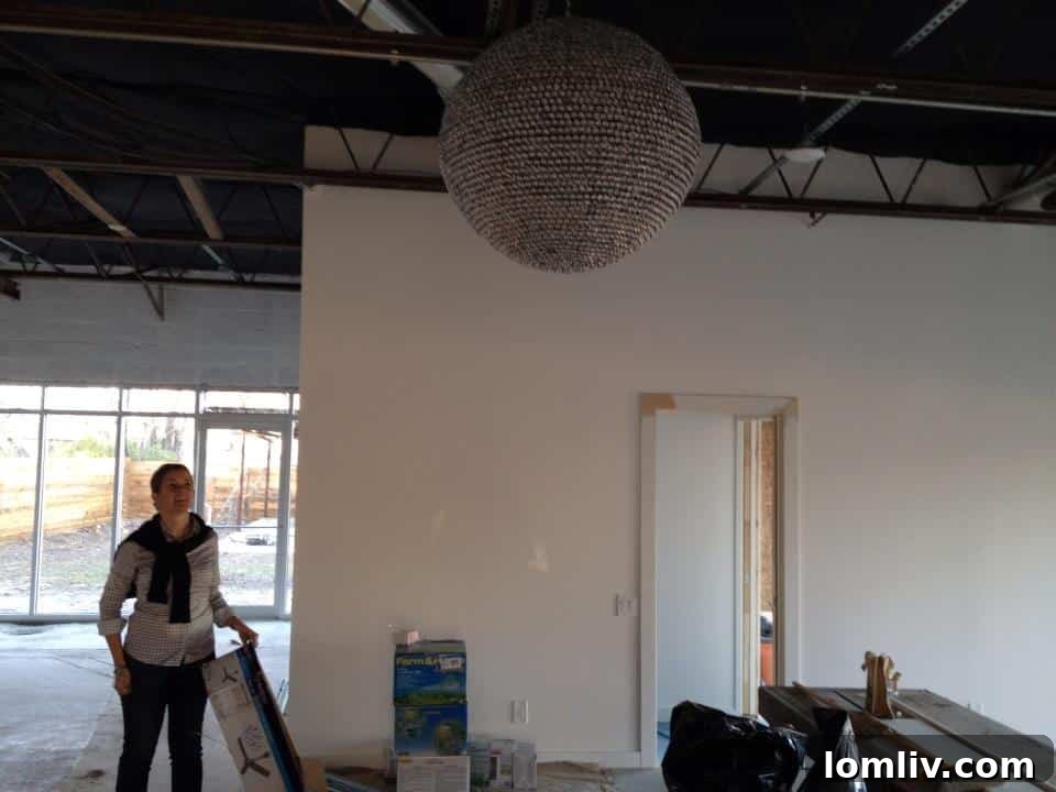 Unique chandelier fixture hanging in The Box