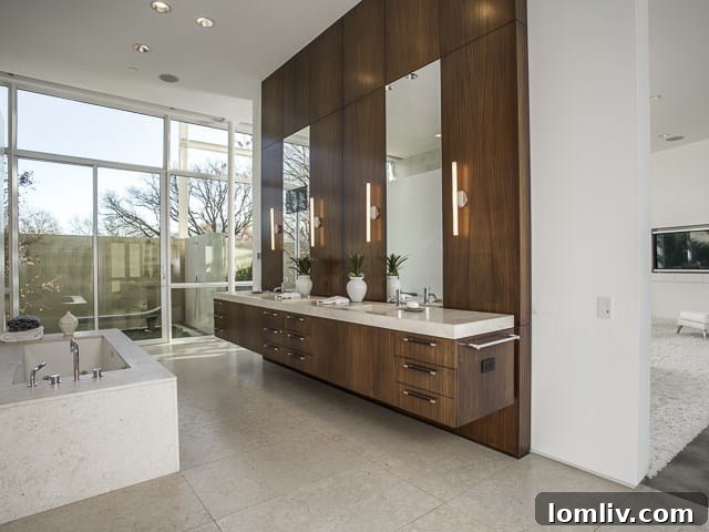 A pristine master bathroom with dual vanities and exquisite Balzaac Fleuri limestone.