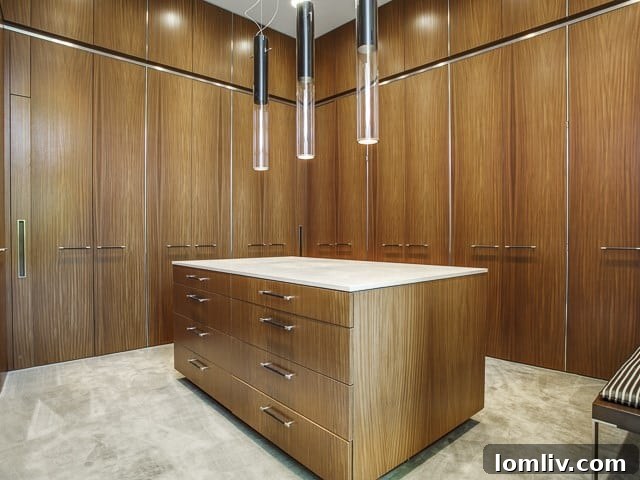 An expansive walk-in master closet, meticulously organized with custom storage solutions.