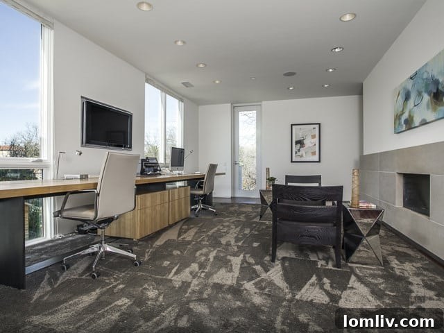 A contemporary home office or study, designed for productivity and comfort.