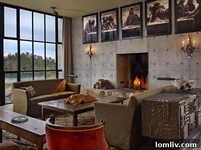 Interior view of The Pierre Residence by Tom Kundig, showcasing integration with natural rock and modern furnishings
