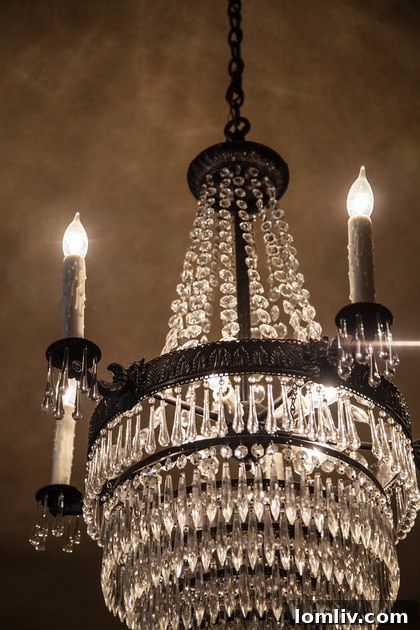 A stunning tiered crystal chandelier, original to Stacey Warnix's Hollywood Heights home, illuminates the living room with vintage grandeur, a testament to preserved architectural beauty.