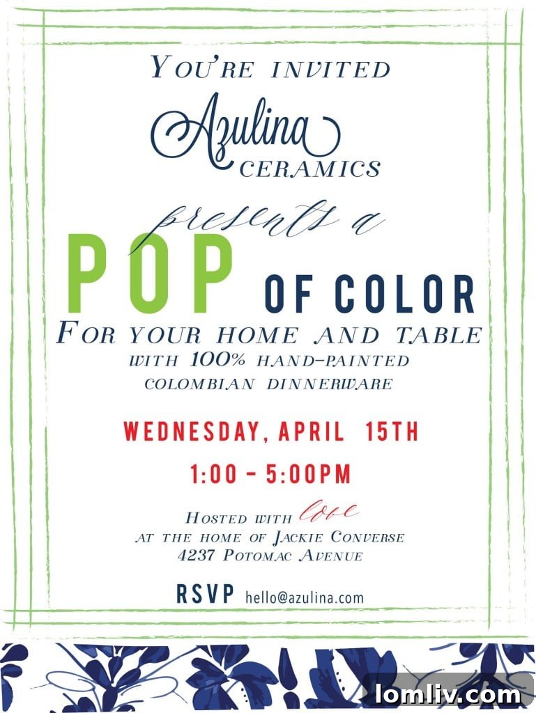 Invitation for the Azulina Ceramics Dallas Trunk Show on April 15, detailing RSVP information and event specifics.