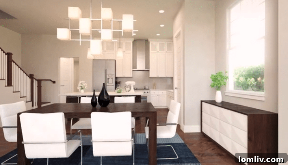 Modern dining room and kitchen area rendering inside a luxury townhome at The Villas at Garrett Avenue, Knox-Henderson, Dallas