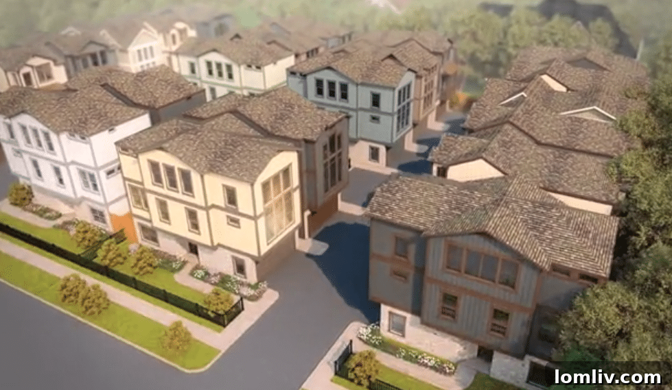 Exterior rendering of a modern townhome at The Villas at Garrett Avenue, showcasing stone and brick facade.