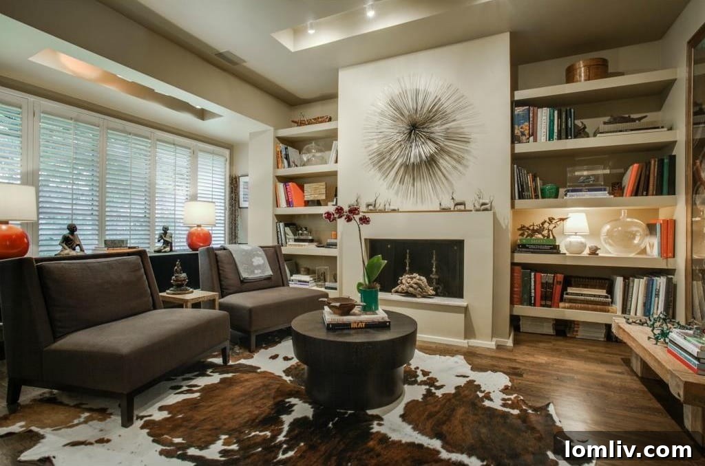 Elegant Living Room with Built-in Bookshelves and Fireplace