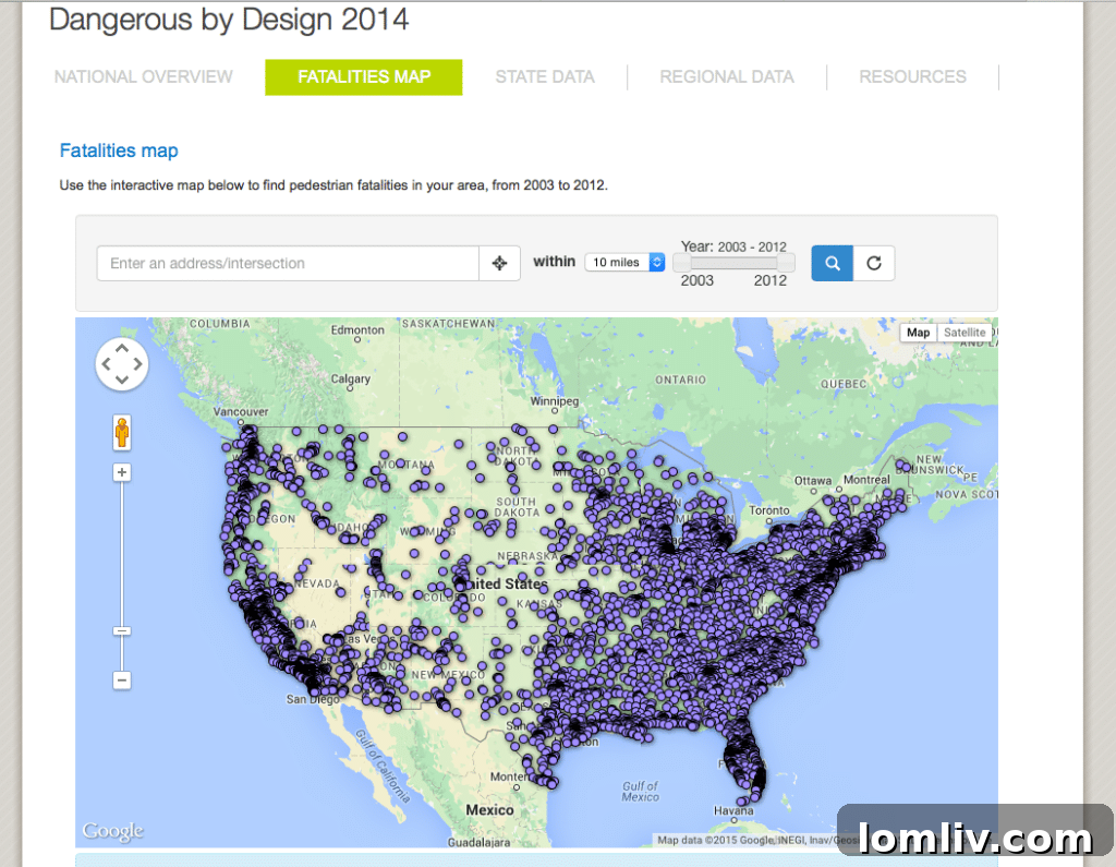 Map showing pedestrian fatalities from 2003-2012 for Dangerous by Design 2014 analysis