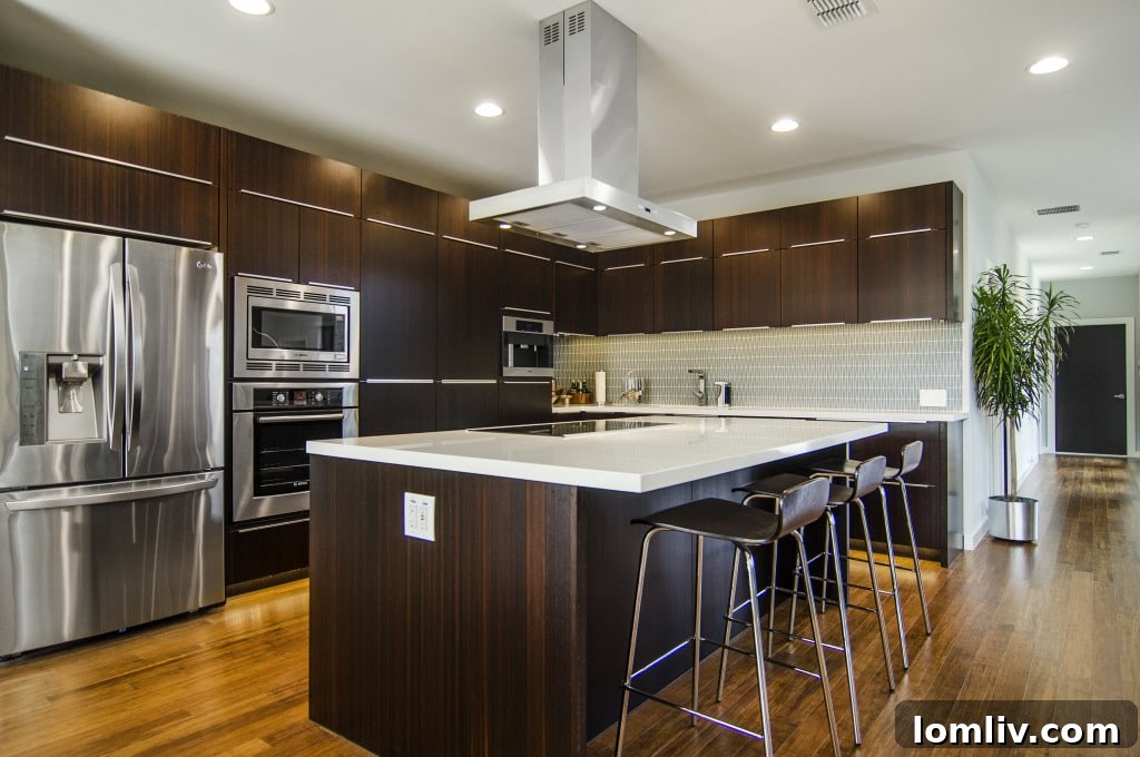 Gourmet kitchen with stainless steel appliances and integrated cabinets