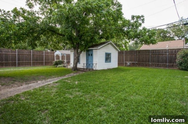 Lush green backyard with mature trees