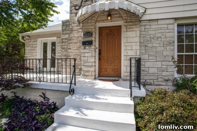 Side view of the charming stone-and-wood cottage