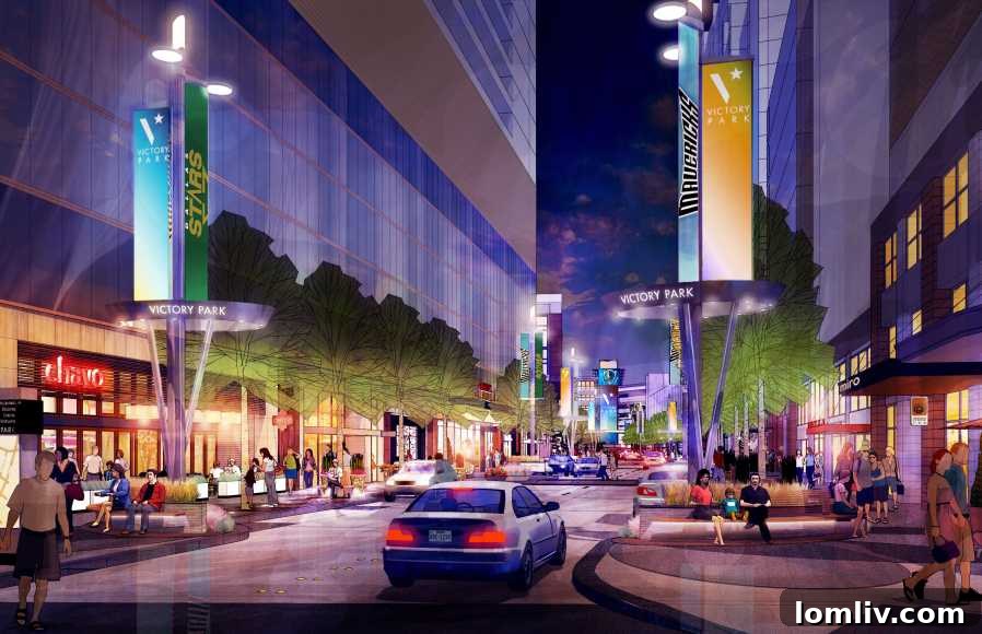 Victory Park Dallas looking north, showcasing the potential site for a new 28-story residential tower that promises to revitalize the area and bring new luxury urban living.