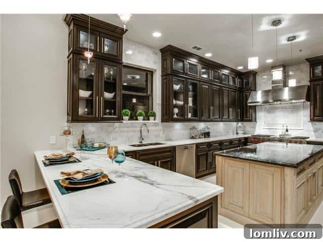 Detailed View of Mother-of-Pearl Backsplash and Quartzite Countertops