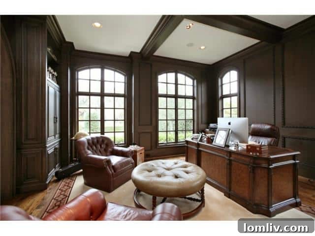 Troy Aikman's Normandy Home Under New Ownership 12 Sophisticated home study, featuring custom built-ins and a comfortable seating area, ideal for work or reading.