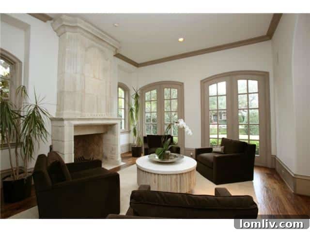 Troy Aikman's Normandy Home Under New Ownership 4 Spacious living room with large windows, offering abundant natural light and a view of the meticulously maintained gardens.