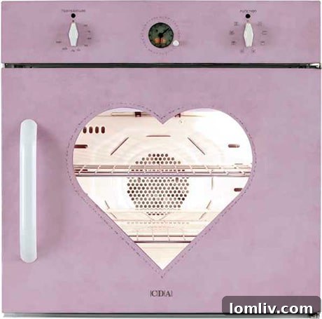 CDA oven with pink leather finish and heart-shaped window, a unique kitchen appliance design.
