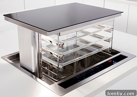 Caple C5100 Lift Oven or Fulgor Hidden Oven, rising from the kitchen counter.