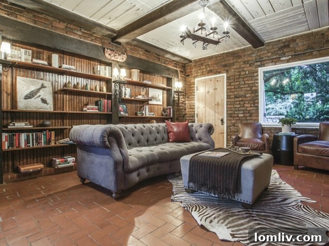 Warm Family Room with Exposed Beams and Fireplace