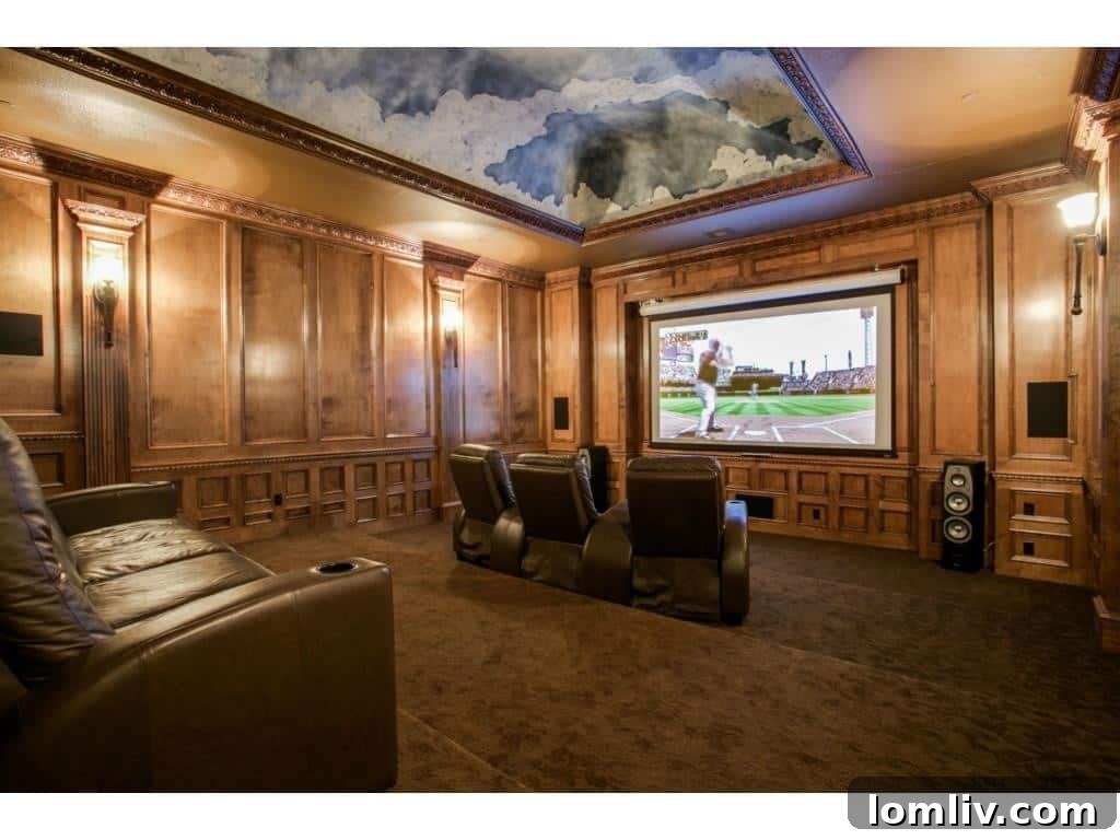 The impressive media room, equipped with theater lighting for an immersive viewing experience.