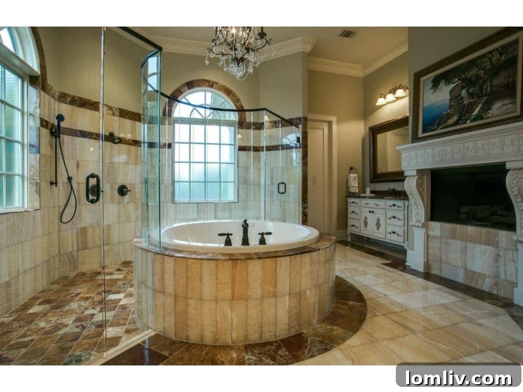 The luxurious master bathroom, featuring a central tub and an elegant fireplace.