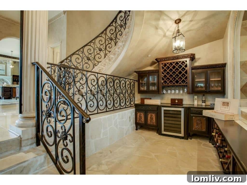 An elegant bar area with a glass-encased wine cellar overlooking the dining room, a unique feature of the home.