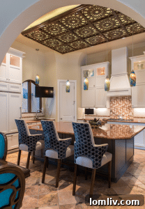 Moroccan ceiling panel as a focal point in a brightened kitchen