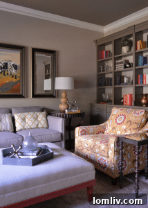 Detail of custom bookshelves and wallpaper in Highland Park Library