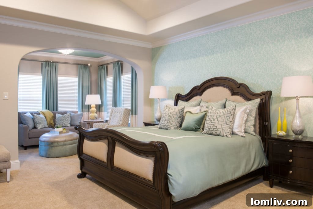 Master bedroom with custom bedding and yellow accents in Las Colinas