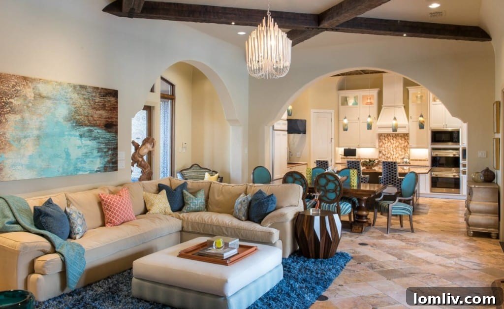 Family room design of a Westlake bachelor pad with vibrant color pops