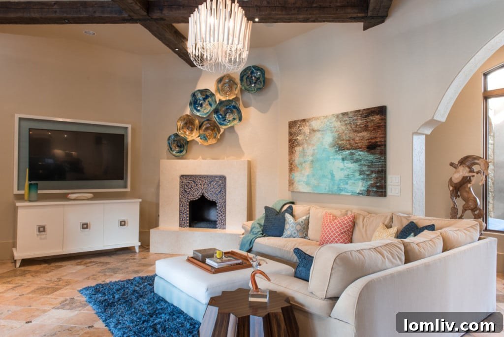 Revamped fireplace with mosaic facade shining through simple stone surround