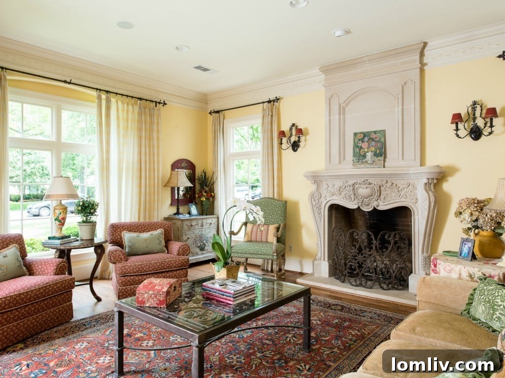 Elegant living room at 3325 Greenbrier, featuring classic decor, a cozy fireplace, and ample natural light from large windows.