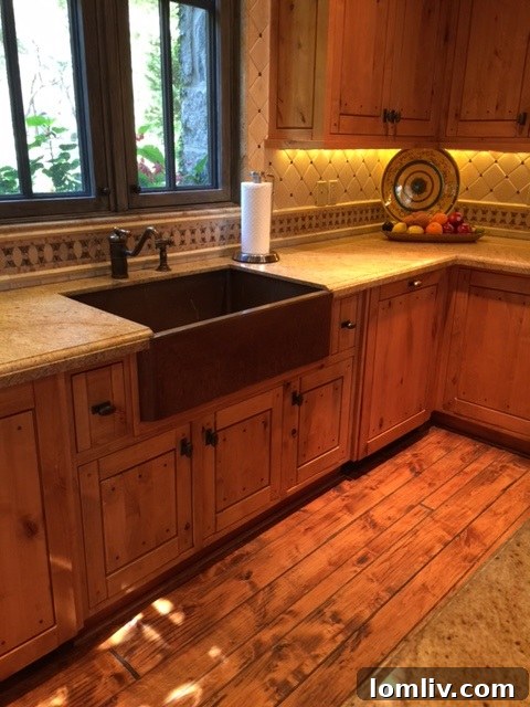 Close-up of the hammered copper sink in the kitchen