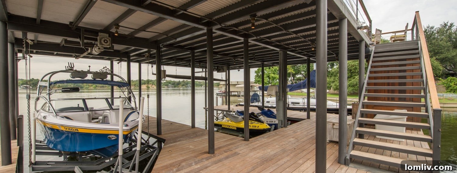Two-story boat dock with upper deck for entertaining
