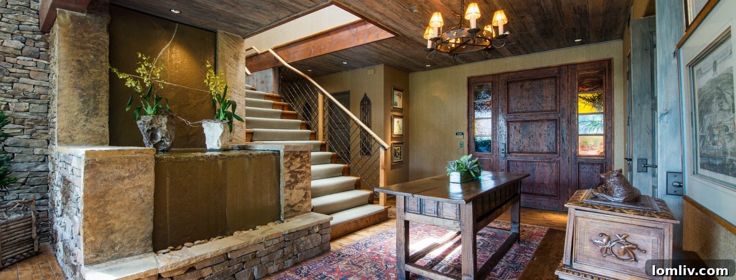 The spacious living area with stacked stone fireplace