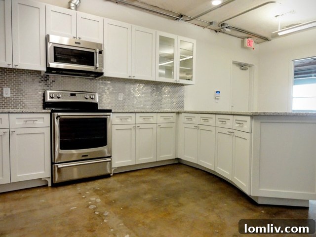 Elegant white kitchen cabinets and modern fixtures in Suite 250's sophisticated kitchen