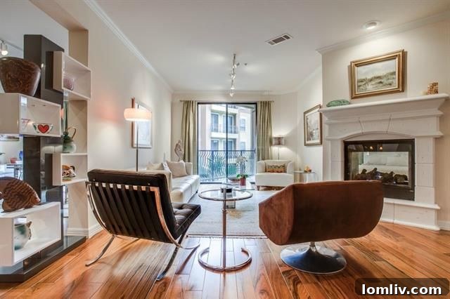 Elegant living room with double-sided fireplace in Turtle Creek condo