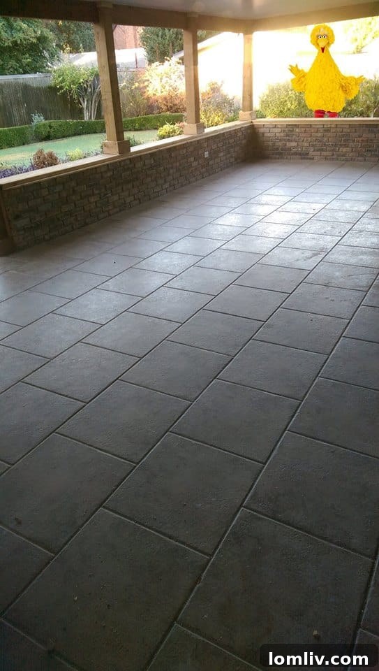 Big Bird enjoying the spacious covered patio, perfect for al fresco dining and relaxation.