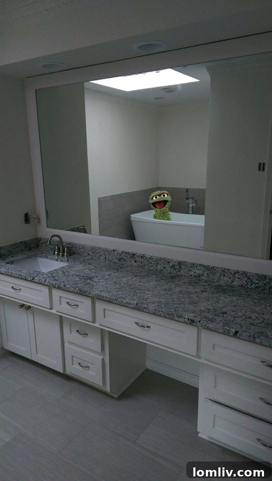 Oscar the Grouch admires the free-standing tub in the elegant master suite bathroom.