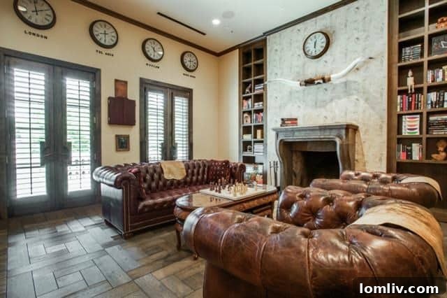 Elegant Home Office Den with Global Clocks