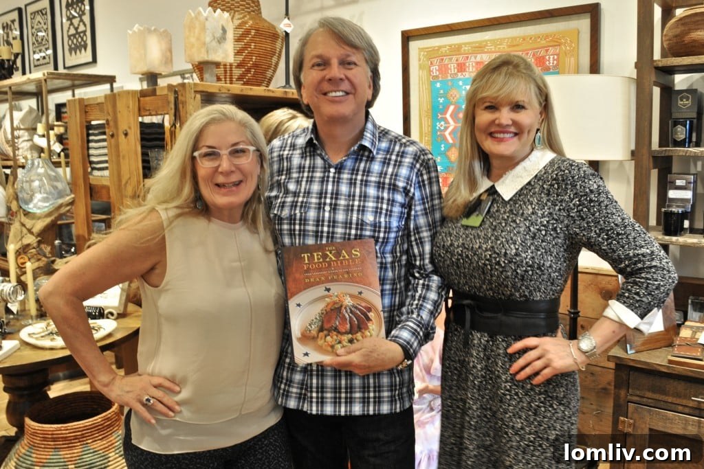 Renowned Chef Dean Fearing signing copies of his Texas Food Bible, flanked by Candy Evans and Regina Bruce, at Anteks Curated's anniversary event.