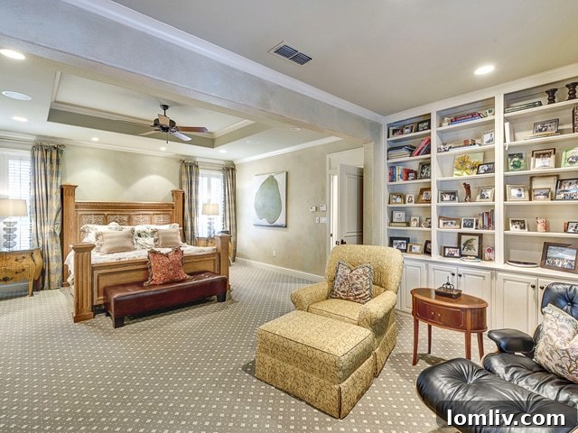 Vibrant family room with dual views of the front courtyard and back pool area