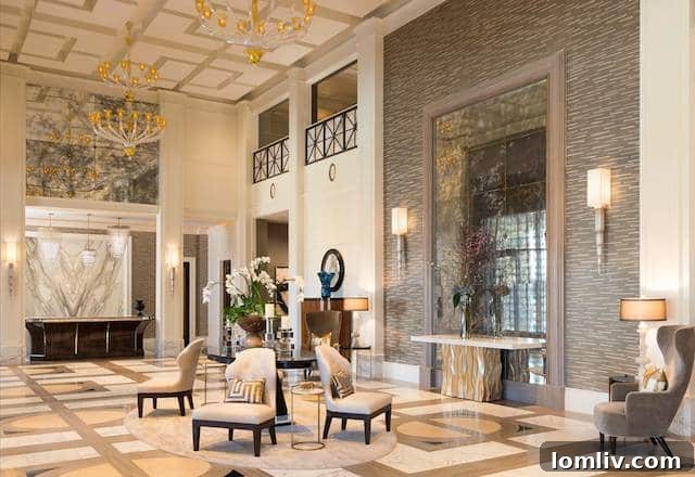 The Stoneleigh Residences Dallas Main Lobby featuring elegant design and a grand chandelier, photographed by Dan Piassick