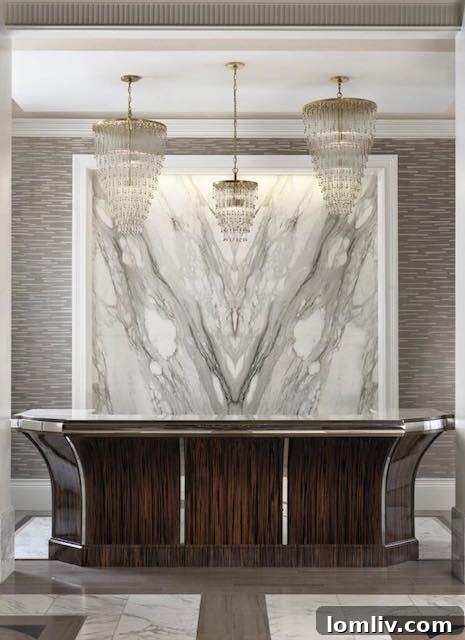 The main reception desk at The Stoneleigh Residences, showcasing sophisticated design and welcoming atmosphere. Photo by Dan Piassick.