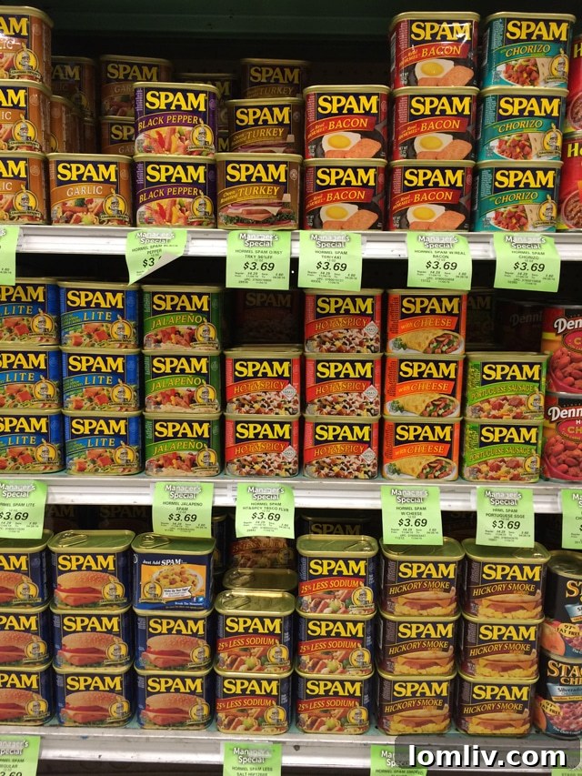 Hawaii's love for Spam, featuring many flavors in a local market.