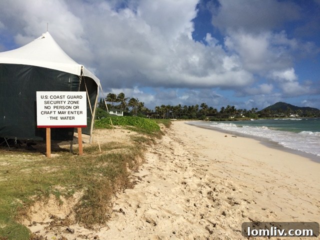 The Secret Service tent on Kailua beach during a presidential visit, a unique sight.